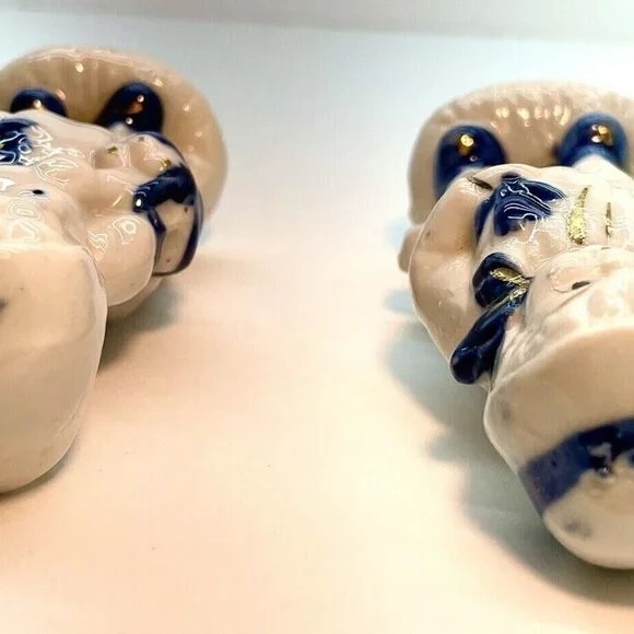 Vintage Holland Figurine Set Farm Boy Girl On Bench Porcelain Blue White Gold - Picture 6 of 11